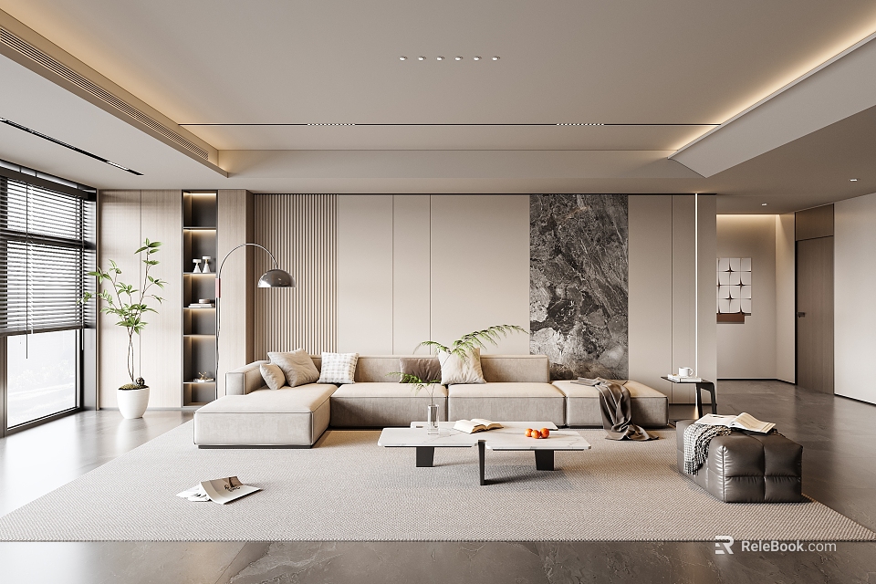 Modern Living Dining Room Interior With Beige Sofa Coffee Tables Green Plants And Decorative Painting 3d model 