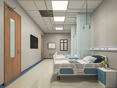 Modern Hospital Ward Interior With Beds TV Curtains Ceiling Lights And Nightstand 3d model