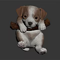 Cute Brown And White Puppy Holding Wooden Stick On Smooth Reflective Surface
