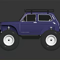 Blue Off Road Vehicle Featuring Large Tires And Roof Rack Design