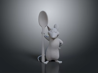 White Mouse Character Standing Holding Big Spoon With Hand On Hip Against Dark Background 3d model