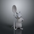White Mouse Character Standing Holding Big Spoon With Hand On Hip Against Dark Background