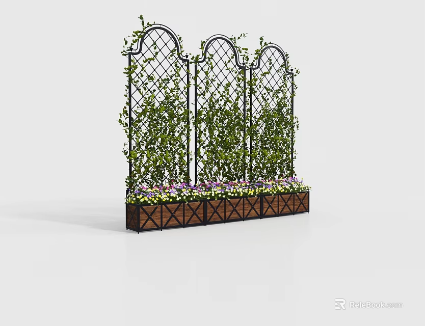 Potted Plants On Arched Lattice With Green Vines And Colorful Flowers In Brown Geometric Planter 3d model 
