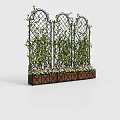 Potted Plants On Arched Lattice With Green Vines And Colorful Flowers In Brown Geometric Planter