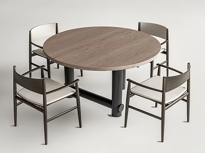 Modern Round Dining Table Set with Four Dark Frame Chairs Light Colored Seats Wooden Tabletop 3d model