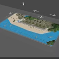 Realistic Sand Table Featuring Water Area Beach Vegetation Mountains And Airplane Models