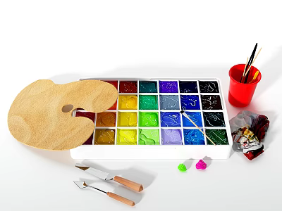 Colorful Art Paint Set With Wooden Palette Paintbrushes Palette Knives And Red Cup 3d model