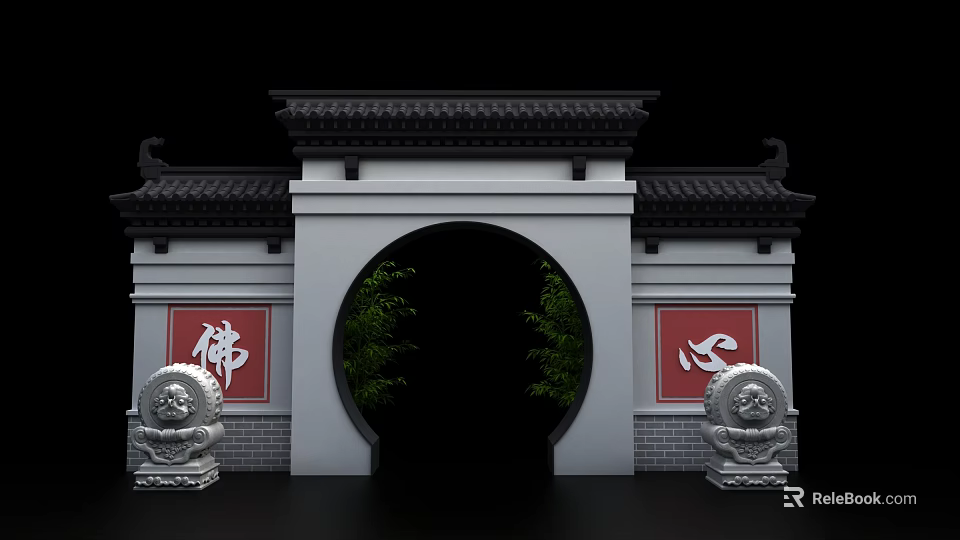 Traditional Chinese Circular Archway With Red Plaques Stone Lions And Green Plants 3d model 