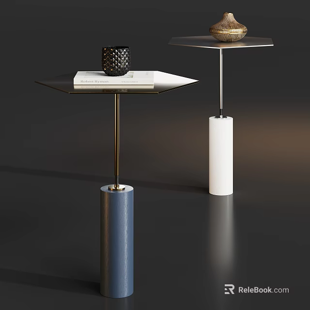 Modern Corner Tables with Hexagonal Square Tops and Cylindrical Blue White Bases 3d model