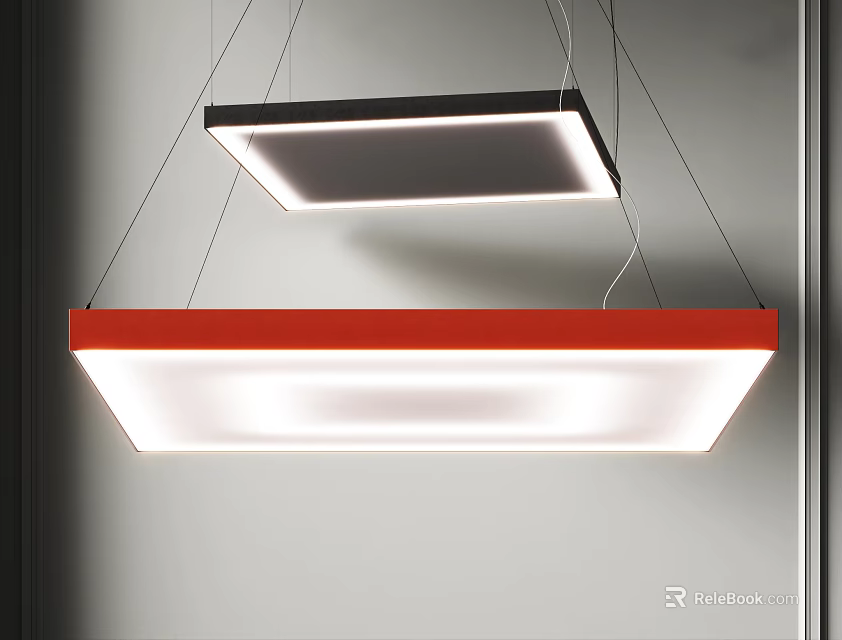 Modern Interior Rectangular Pendant Lights With Red Black Frames And White Light 3d model