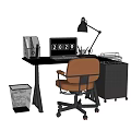 Modern Office Desk Setup With Black Surface Computer Monitor Desk Lamp And Filing Cabinet