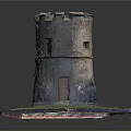 Stone Circular Tower Fortress With Windows Door Square Base And Greenery On Top