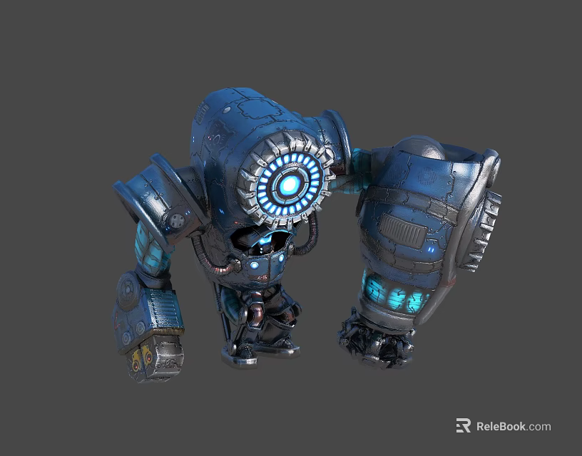 Blue Mechanical Robot Character With Glowing Circular Core And Arm Features 3d model