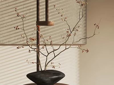 Elegant Bonsai Plant with Delicate Branches and Tiny Blooms in Black Stone Shaped Pot 3d model