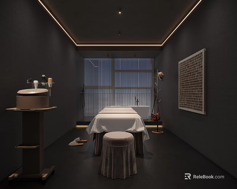 Modern SPA Sauna Room Interior Featuring Dark Walls Massage Table Decorative Painting And Large Window 3d model 
