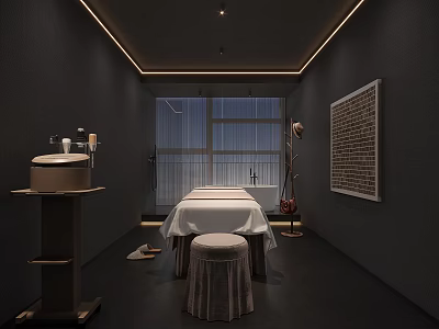 Modern SPA Sauna Room Interior Featuring Dark Walls Massage Table Decorative Painting And Large Window 3d model