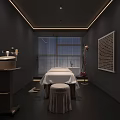Modern SPA Sauna Room Interior Featuring Dark Walls Massage Table Decorative Painting And Large Window