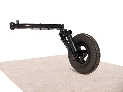 Black Tire With Rim Connected To Spring Support Mechanism On Gray Surface 3d model
