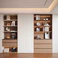 Modern Light Colored Decorative Cabinet With Shelves Drawers Books Coffee Machine And Decorative Items