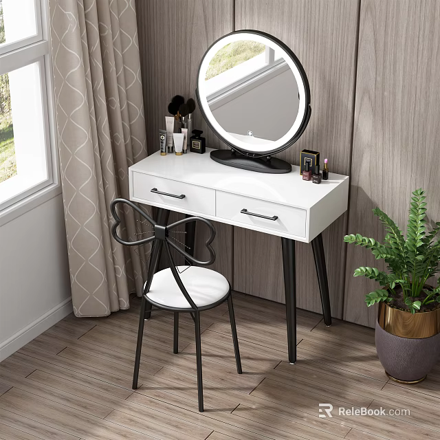 White Dressing Table With Round Mirror Drawers And Black Chair Near Potted Plant 3d model 