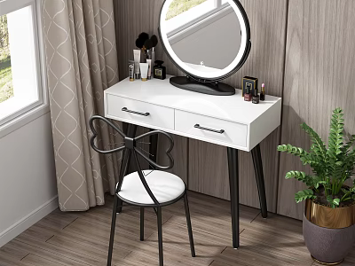 White Dressing Table With Round Mirror Drawers And Black Chair Near Potted Plant 3d model