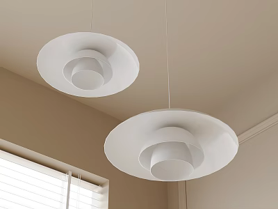 Two White Pendant Lights Hanging From Ceiling In Interior Room With Window Blinds 3d model