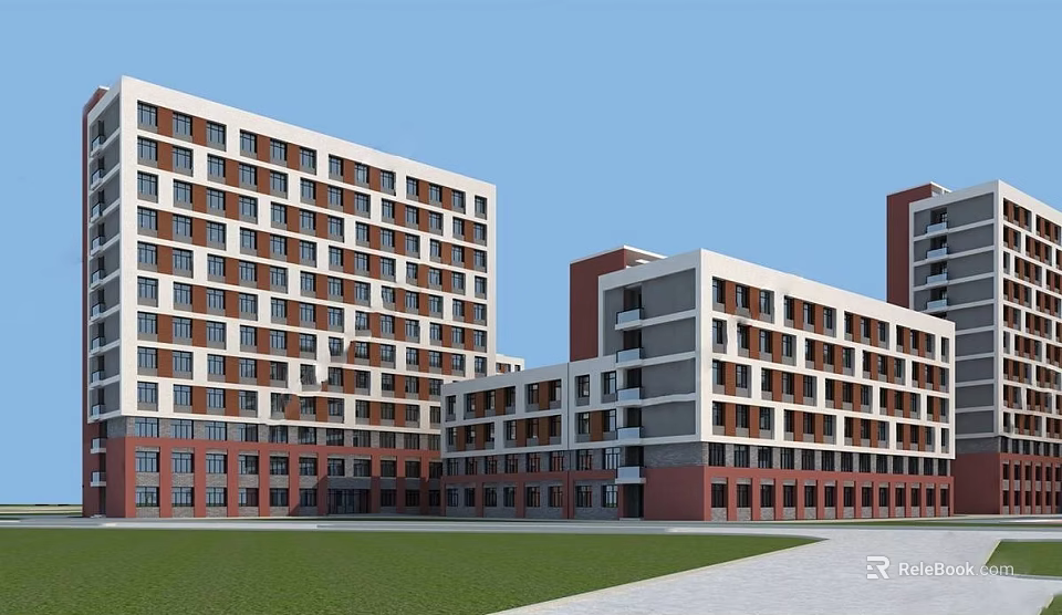Modern Multi story School Buildings With Red Brick White Walls And Campus Lawn Pathway 3d model 