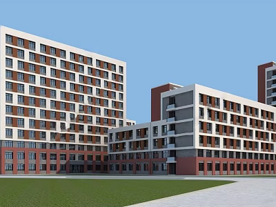 Modern Multi story School Buildings With Red Brick White Walls And Campus Lawn Pathway 3d model