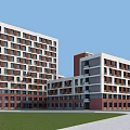 Modern Multi story School Buildings With Red Brick White Walls And Campus Lawn Pathway