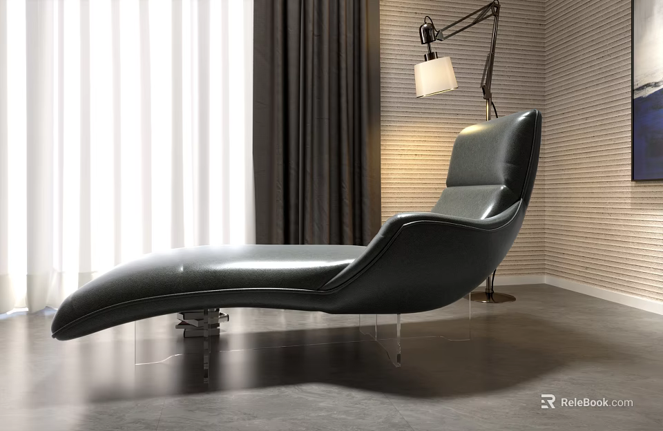 Sleek Modern Black Leather Chaise Lounge With Floor Lamp Curtains And Striped Wall 3d model 
