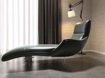 Sleek Modern Black Leather Chaise Lounge With Floor Lamp Curtains And Striped Wall 3d model