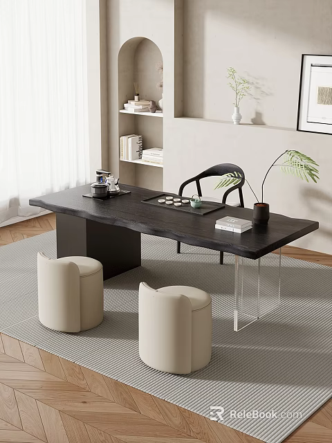 Wooden Tea Table and Chairs with Tea Set Books and Beige Stools in Natural Light 3d model 