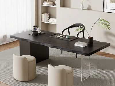 Wooden Tea Table and Chairs with Tea Set Books and Beige Stools in Natural Light 3d model