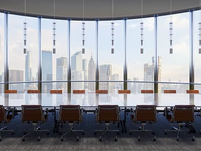 Modern Conference Room Interior With Floor to Ceiling Windows And City Skyline View 3d model