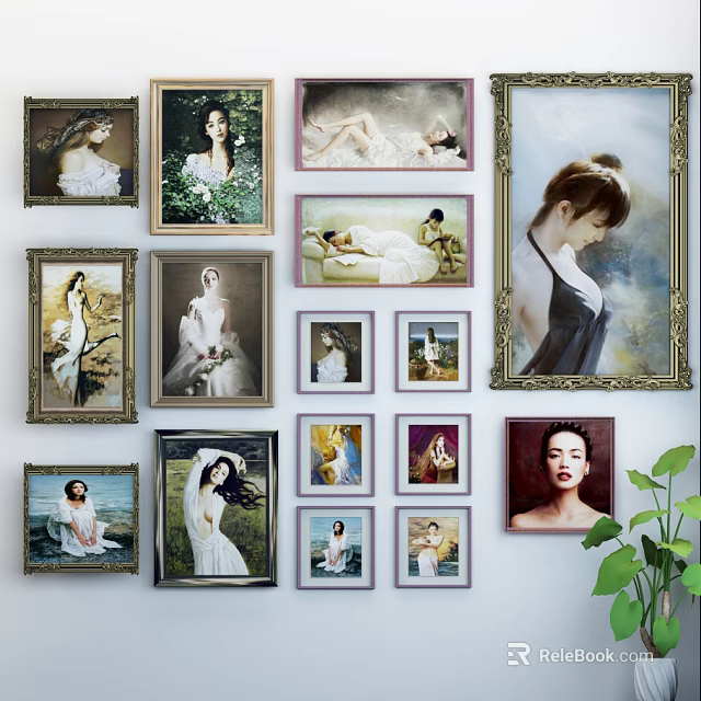 Various Framed Portrait Paintings Of Women In Different Styles On Wall 3d model 