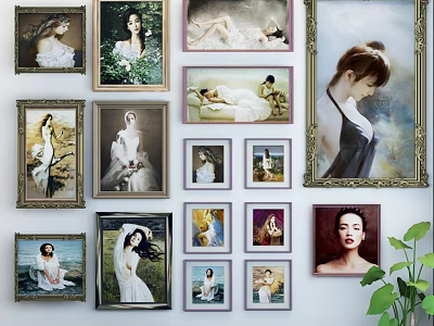 Various Framed Portrait Paintings Of Women In Different Styles On Wall 3d model