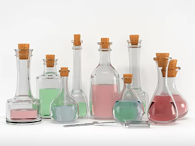 Industrial Equipment With Glass Bottles Cork Stoppers Colored Liquids And Dropper Tool 3d model