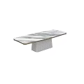 Elegant Modern Polished Marble Dining Table With Intricate Geometric Metal Mesh Base Design