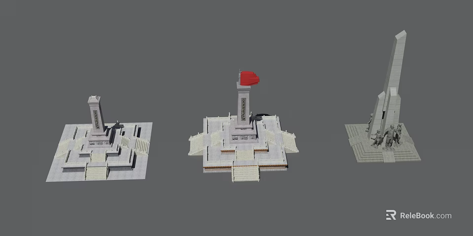 Architectural Components Of Memorial Structure Including Pedestal Column Red Flag And Steps 3d model 