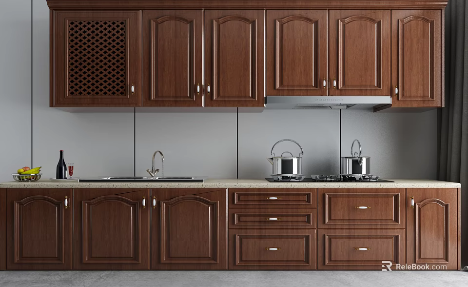 Dark Wooden Kitchen Cabinets With Lattice Wine Rack Countertop Sink And Stove 3d model 