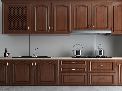 Dark Wooden Kitchen Cabinets With Lattice Wine Rack Countertop Sink And Stove 3d model