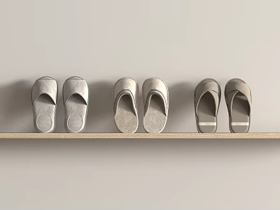 Three Pairs of Neatly Arranged Gray Slippers on Wooden Shelf Against White Wall 3d model