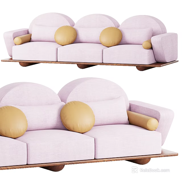 Light Pink Modern Sectional Sofa With Yellow Round Pillows And Wooden Base 3d model 