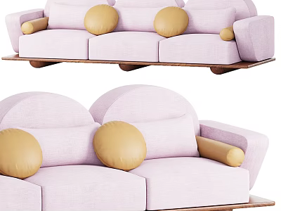 Light Pink Modern Sectional Sofa With Yellow Round Pillows And Wooden Base 3d model