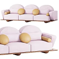 Light Pink Modern Sectional Sofa With Yellow Round Pillows And Wooden Base