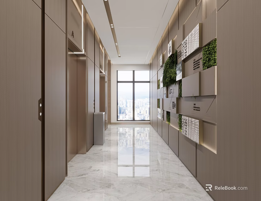 Modern Elevator Hallway with Marble Floor Wall Shelves Green Plants and City View Window 3d model 