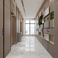 Modern Elevator Hallway with Marble Floor Wall Shelves Green Plants and City View Window