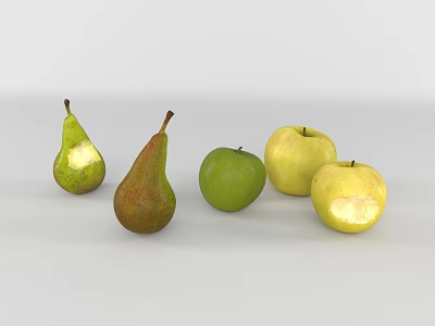 Assorted Fruits Green Yellow Brown Pears And Apples With Bite Marks On White Background 3d model
