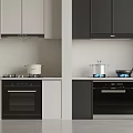 Modern Kitchen Interior With Light Gray Dark Gray Cabinets Oven Gas Stove And Pots