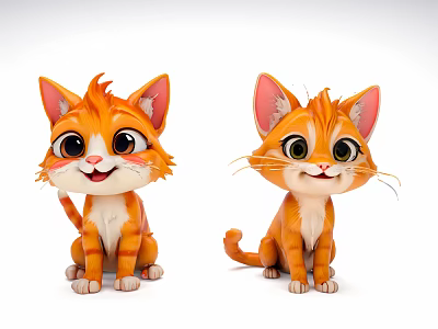 Cute Orange Cartoon Kittens With Big Eyes Smiling Faces And Fluffy Fur 3d model